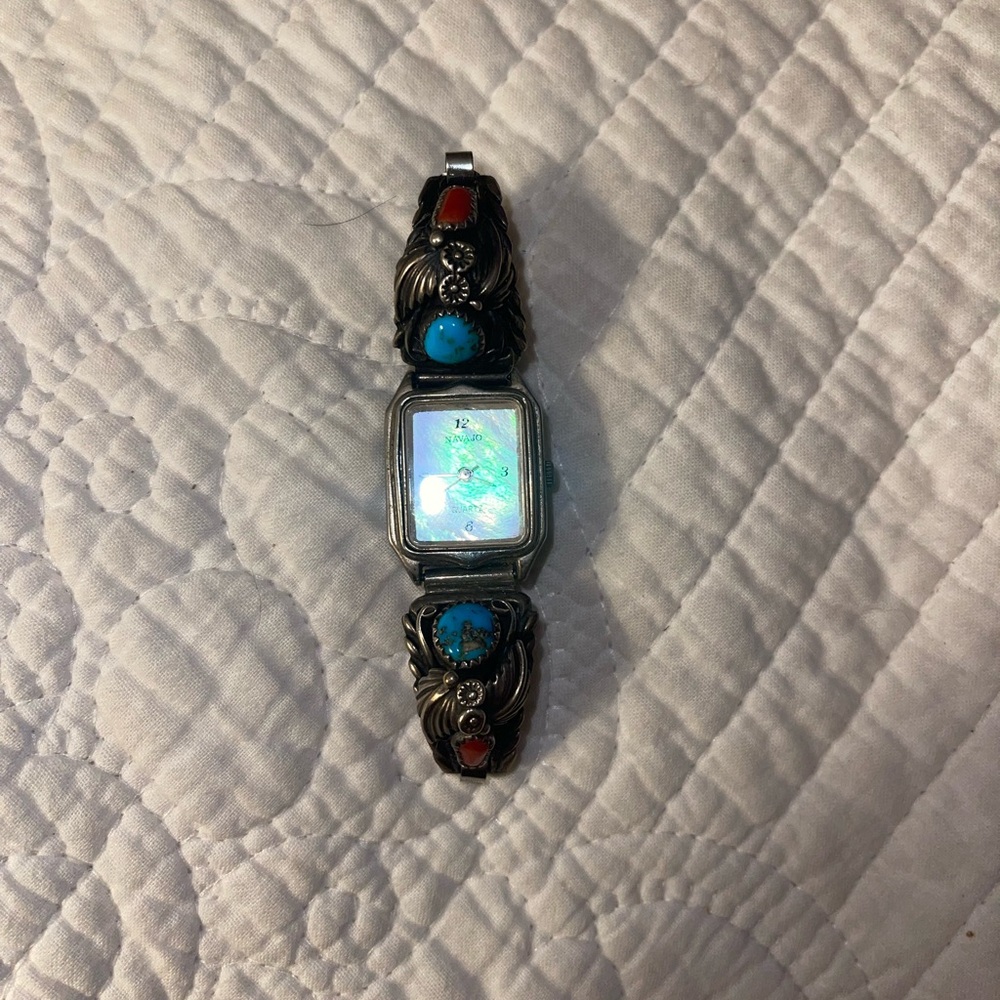 VTG Native American Navajo Sterling Silver and Turquoise Women's Stretch Watch - Picture 2 of 6